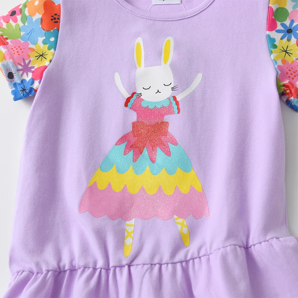 VIKITA Mädchen 2-teiliges Set Kinder Lila Kaninchen Kurzarm Baumwolle Casual T-Shirt Tops T-Shirts und Blumenhosen 2-teiliges Kleidungsset – Detail 7