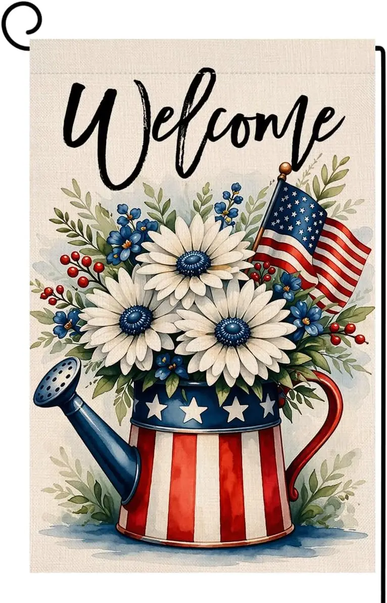 BLKWHT 4th of July Floral Garden Flag 12x18 Vertical Double Sided Daisy Flowers Welcome Memorial Day Independence Day Holida IIC