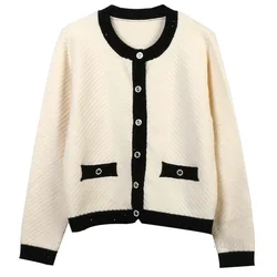 Loose Knitted Cardigan with Black Collar for Women, Long Sleeves, Round Neck Sweater, White Jacket, Autumn and Winter