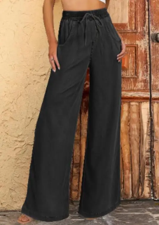 Pantalon d'été ample pour femmes, nouvelle couleur unie, Imitation Denim, taille haute, à lacets, décontracté, jambes larges, adapté aux déplacements quotidiens