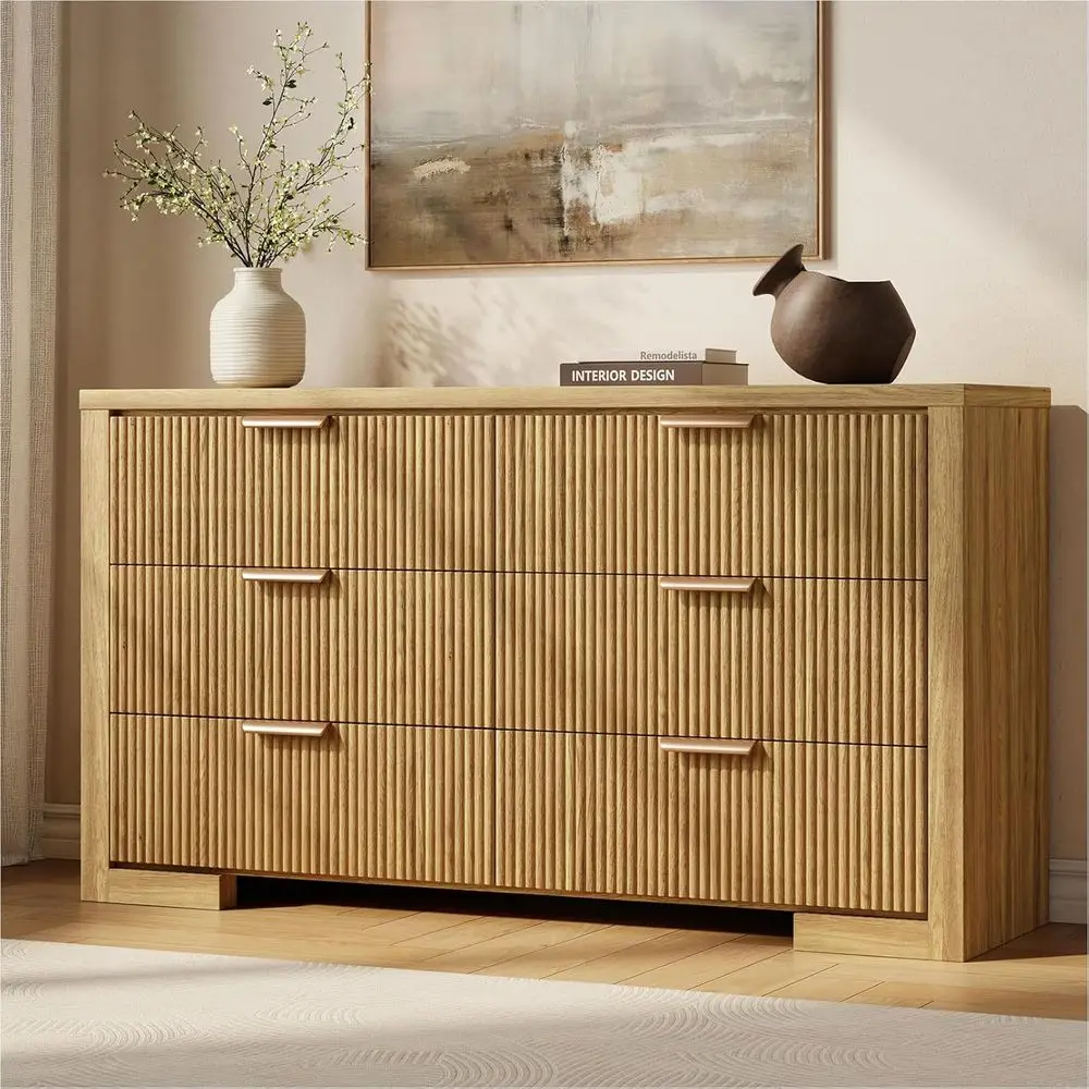 

6-Drawer Wooden Dresser with Metal Handles, 54 Wide, for Bedroom, Living Room, or Hallway, Natural Oak Finish