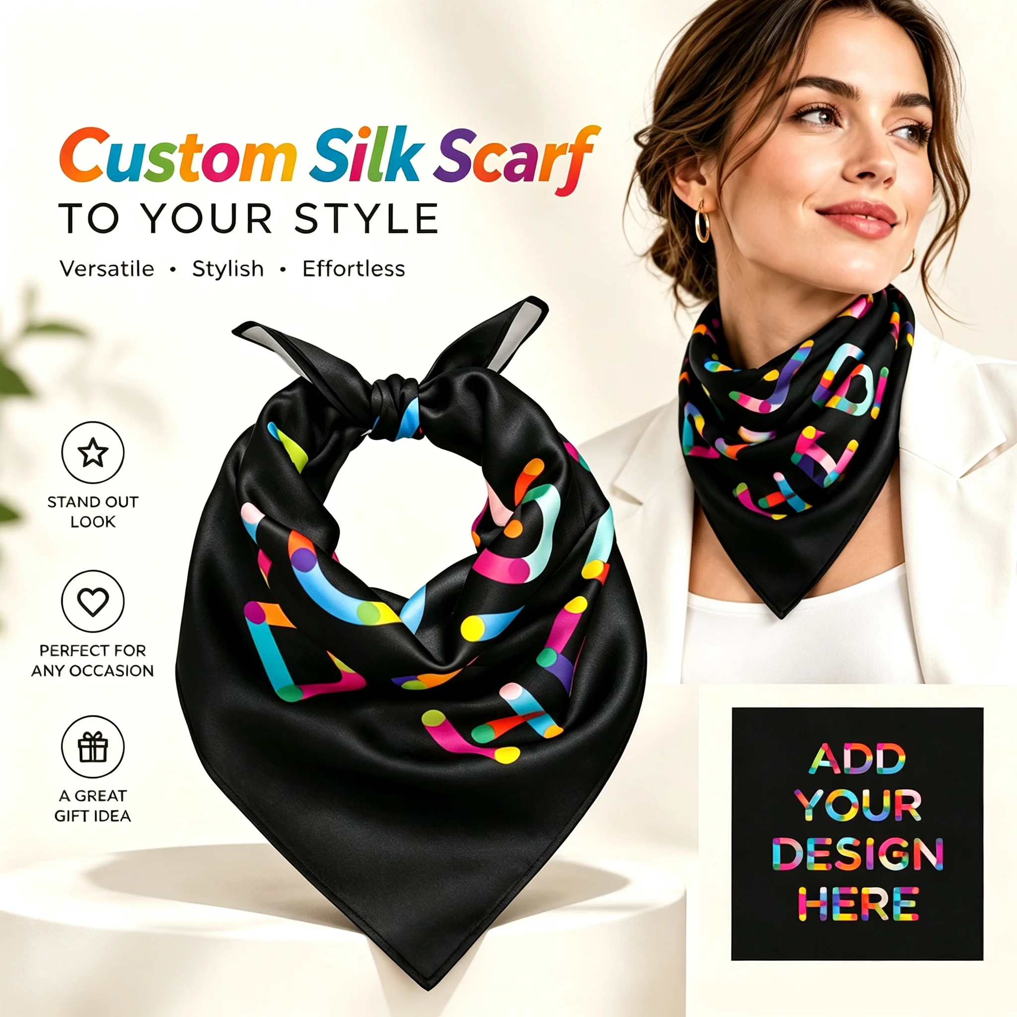 Custom Silk Scarf Personalized Scarf for Women Luxury Photo Name Pattern Birthday Gift Wedding Anniversary Gift Multiple Sizes