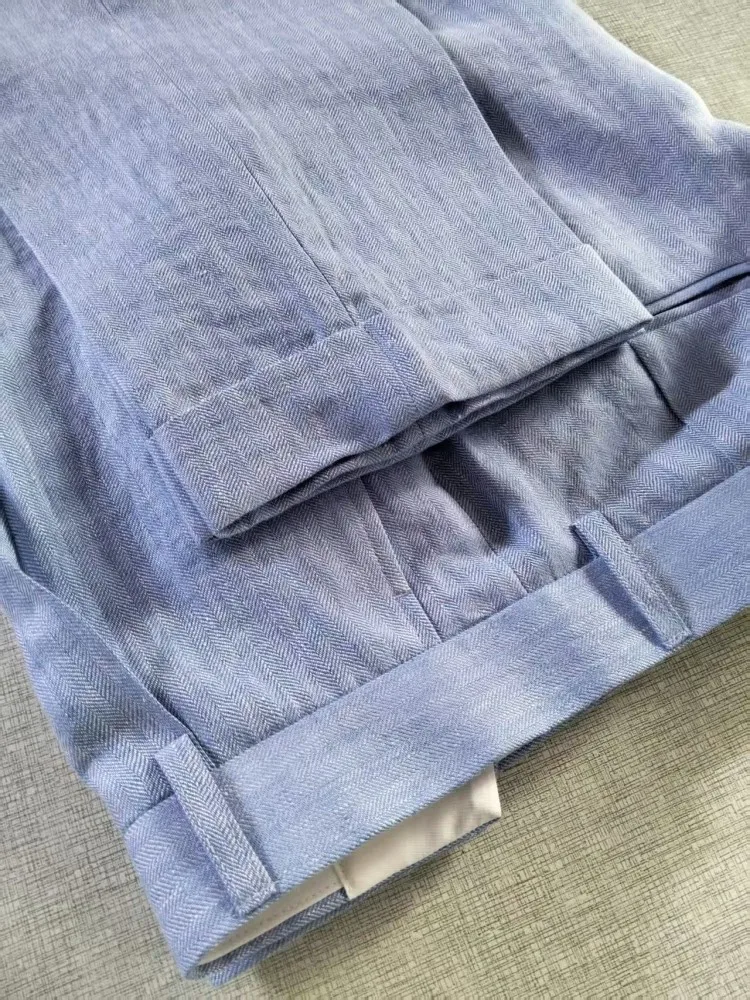 Nuevos pantalones de verano para hombre, azul claro, informales, hasta el tobillo, pantalones de pierna recta, pantalones de lino a la moda, pantalones de cintura media con botones ajustados