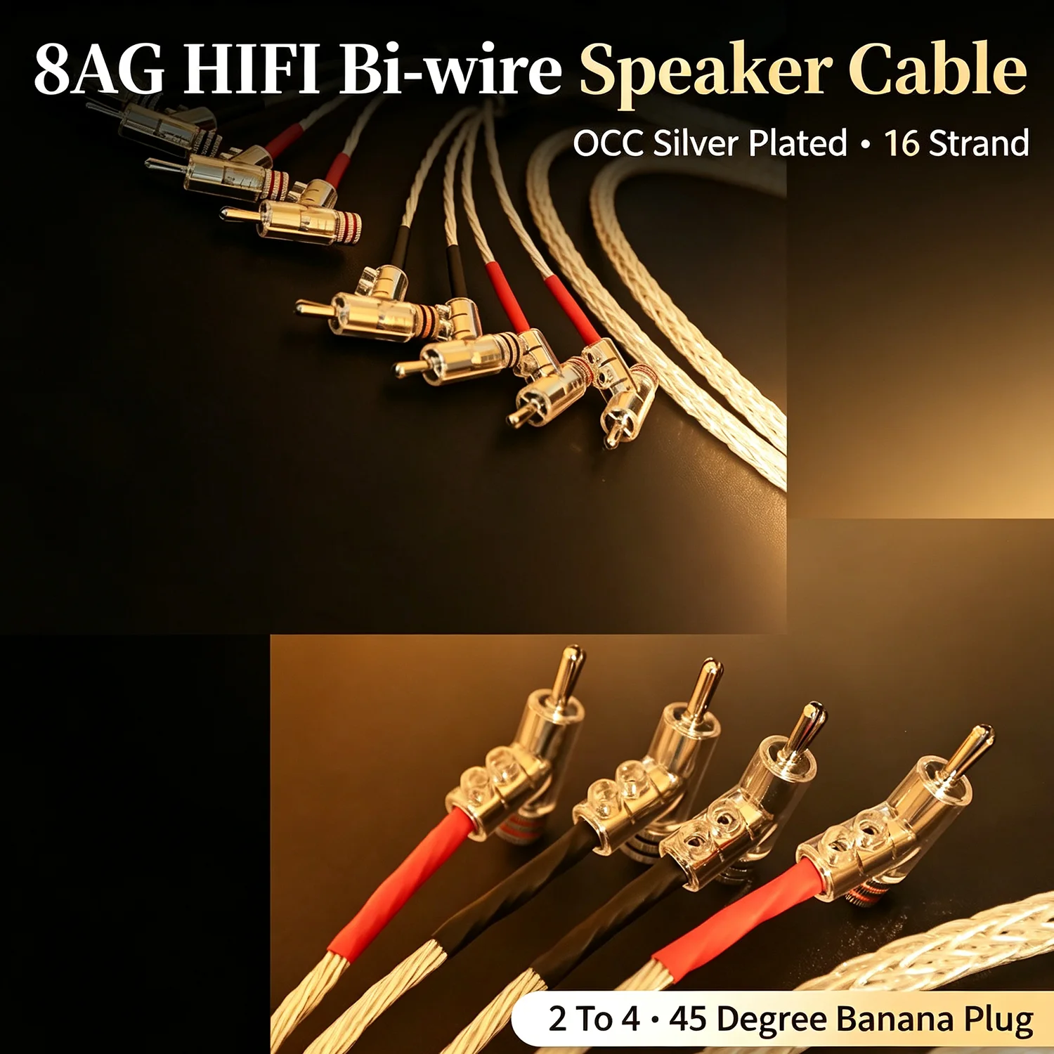 8AG HIFI Biwire Speaker Cable OCC Silver Plated 16 Strand 2 To 4 45 Degree Banana plug Audio Cord for Amplifier Home Theater