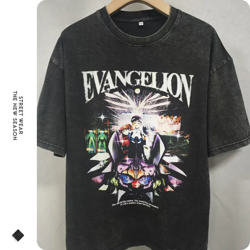 E-Evangelion T-shirt Vintage Washed Anime EVA T Shirts Oversized Streetwear Manga Ayanami Rei Asuka Tshirt Nagisa Tops Tees Men