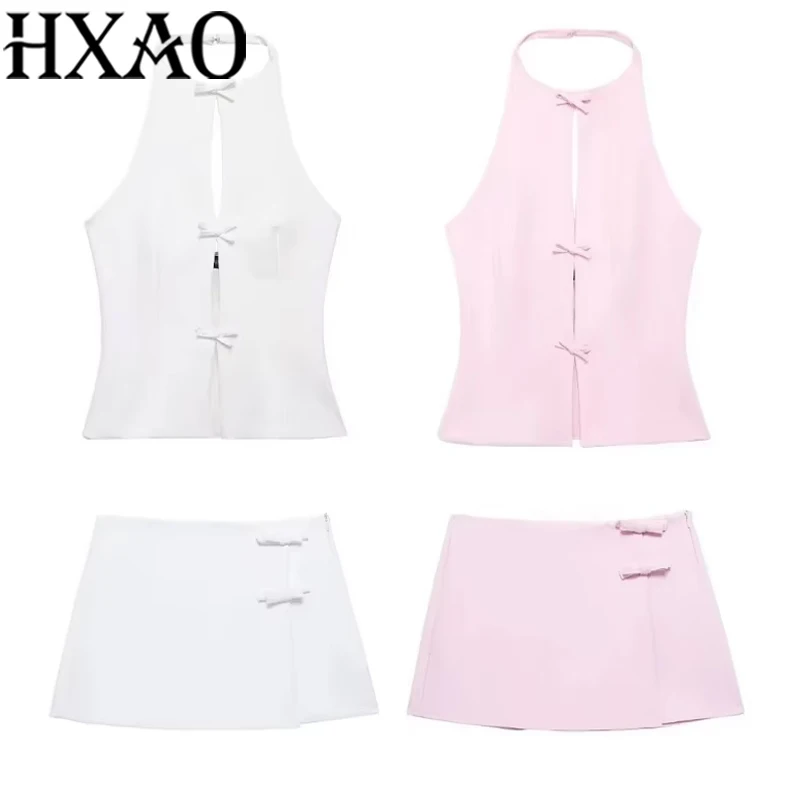 HXAO Bow Two Piece Set Backless Halter Women Top And Mid Waist Lady Skirt New In 2024 Summer Fashion Casual Office Lady Set