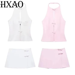HXAO Bow Two Piece Set Backless Halter Women Top And Mid Waist Lady Skirt New In 2024 Summer Fashion Casual Office Lady Set
