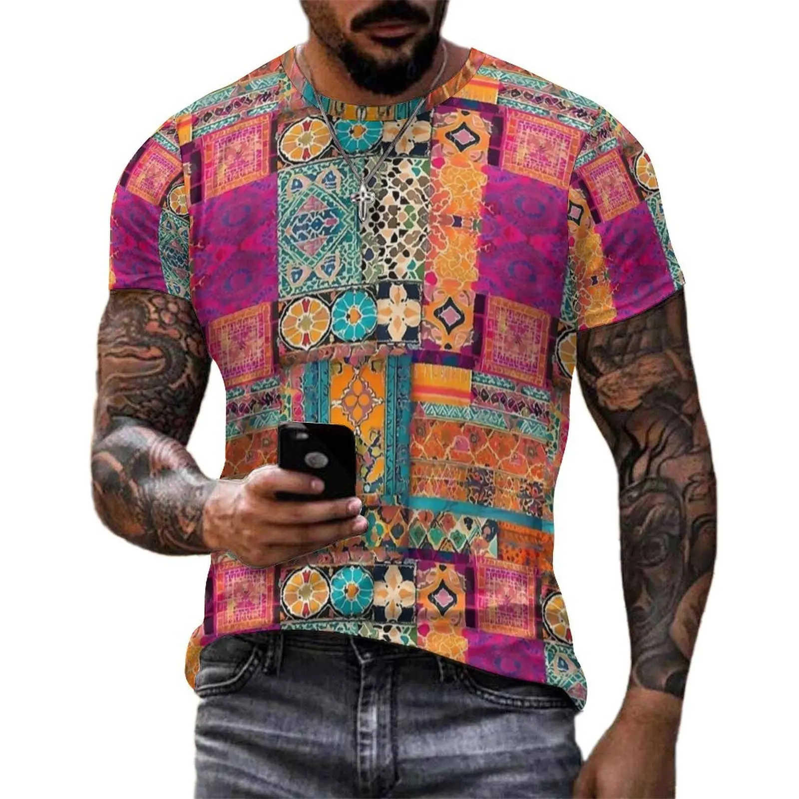 Moroccan Patchwork Tile Print T Shirt Harajuku T Shirts Couple Y2K Casual Tee Shirt Premium Short-Sleeved Design Top Tees 6XL