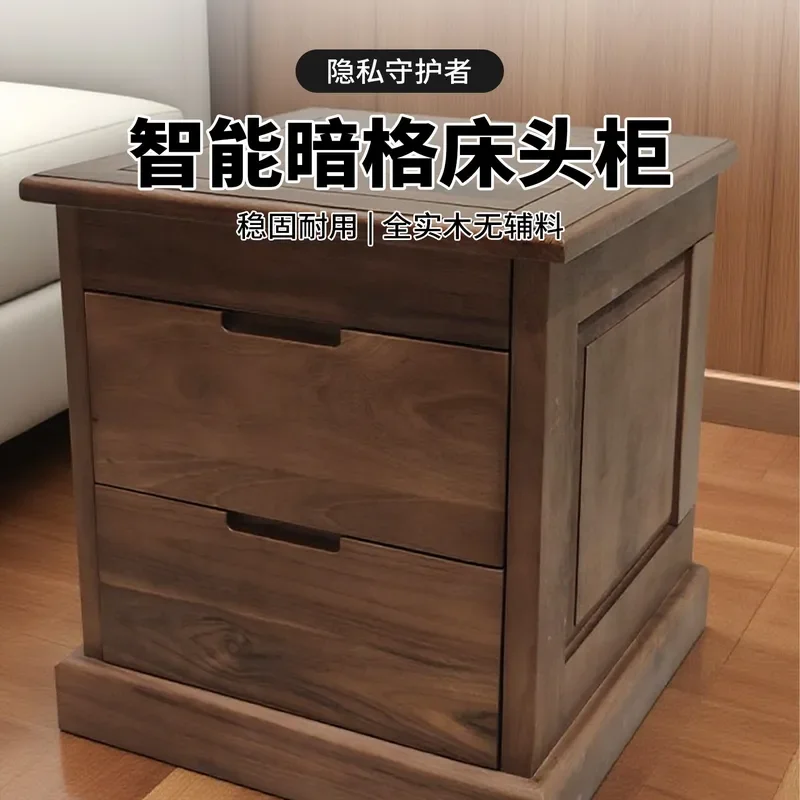 Hidden Solid Wood Bedside Table with Safe Box Small Storage Cabinet Smart Locker for Bedroom Home Security and Organization