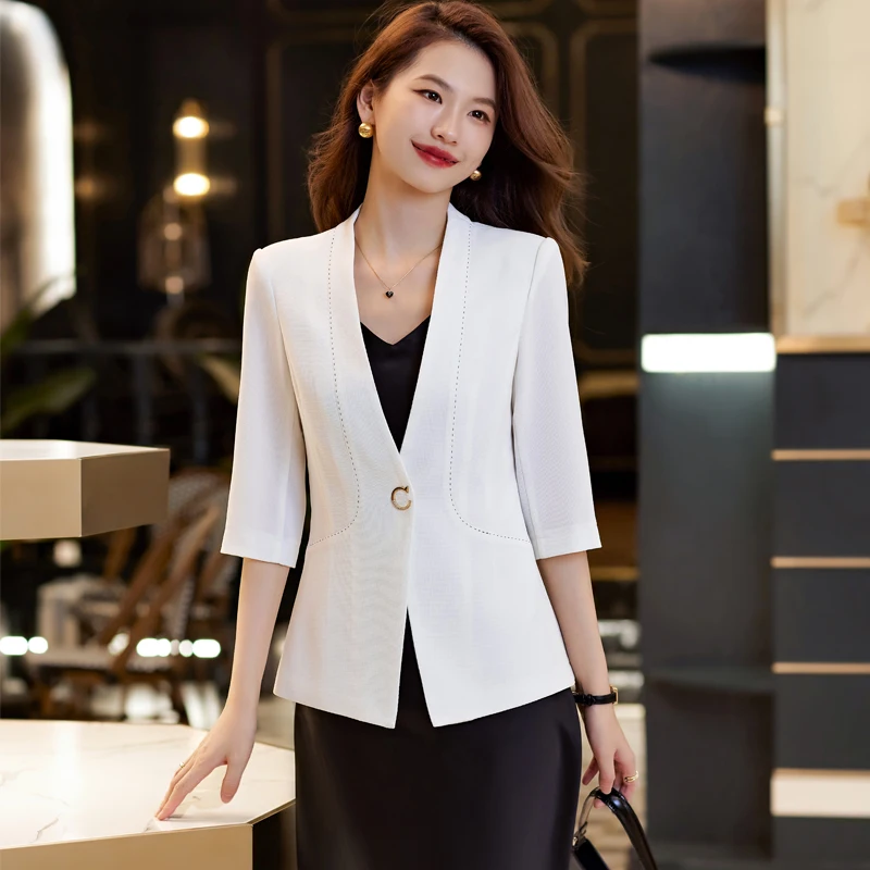 NAVIU 2023 New Summer Blazer Women Fashion Temperament Formal Half Sleeve Slim Jacket Office Ladies Work Coat White