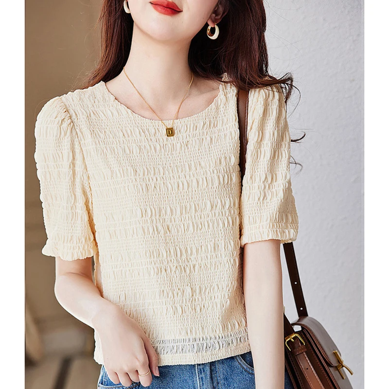 

Summer Puff Short Sleeve Blouse Women Korean Fashion Pleated Tops Ladies 2023 New O Neck Loose Casual Elegant Simple Shirt 27264