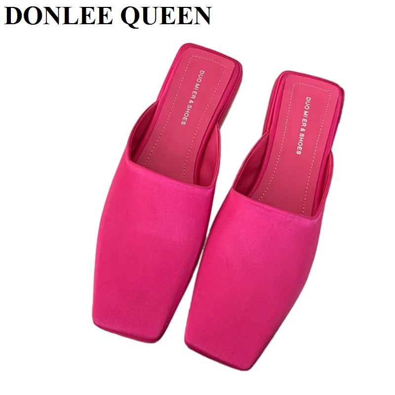 Fashion Square Toe Flat Slippers Women Casual Slip On Mule Luxury Brand Outside Slide Elegant Satin Lady Shoes Sandal Flip Flops