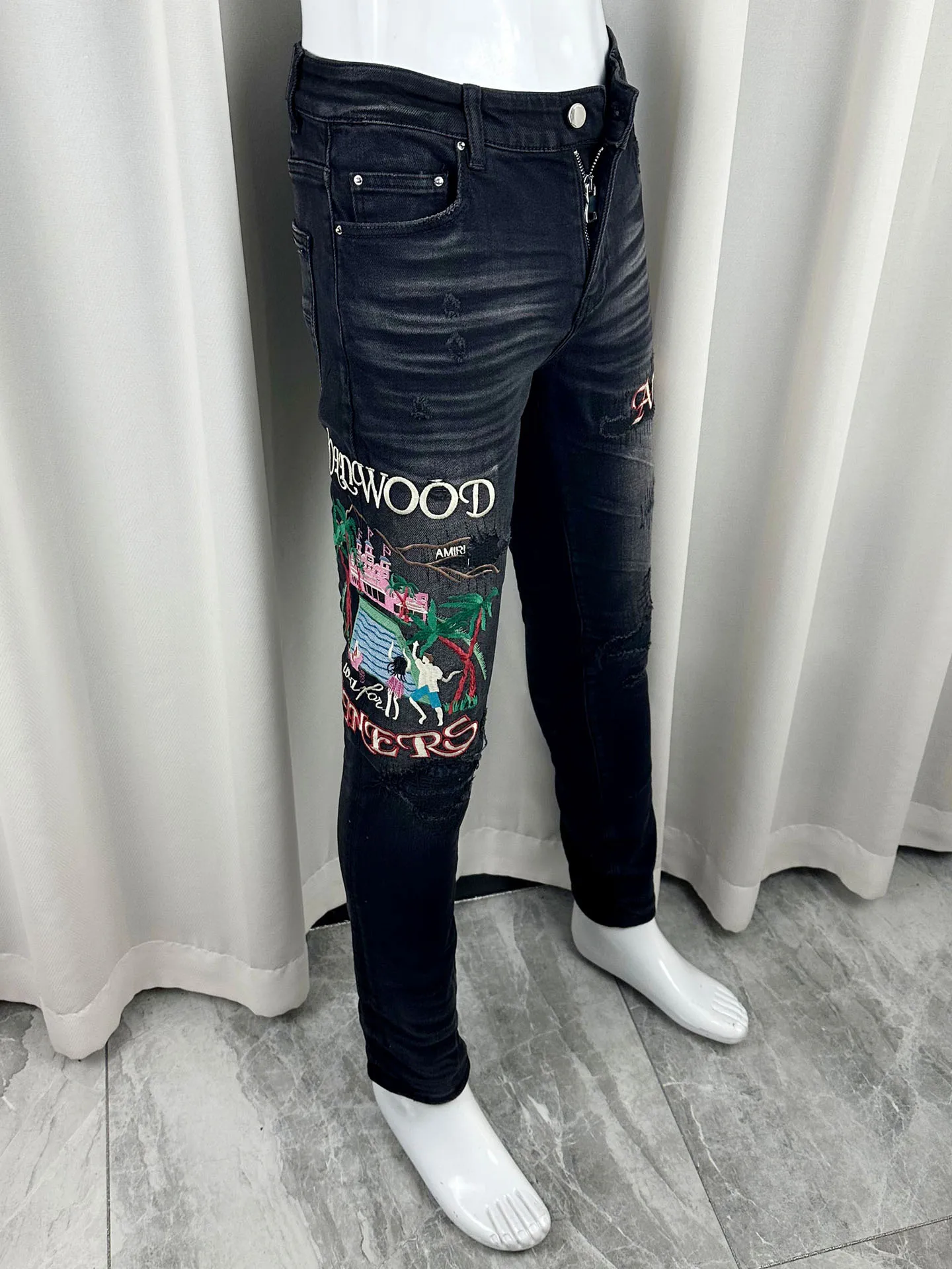 

Мужские джинсы Four-Season Slim Fit с эластичной тканью, вышивкой и зауженным низом, в американском стиле, модные, повседневные, для различных случаев