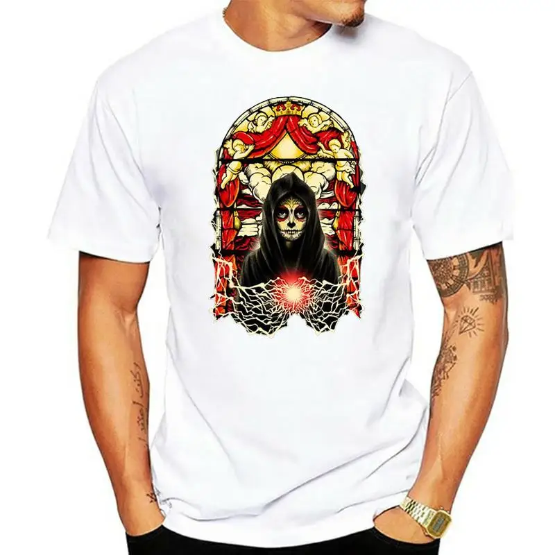 Men Santa Muerte Light Of The World T-shirt Novelty Skull Lady of Holy Death T Shirt Short Sleeves Cotton Tee Summer Apparel