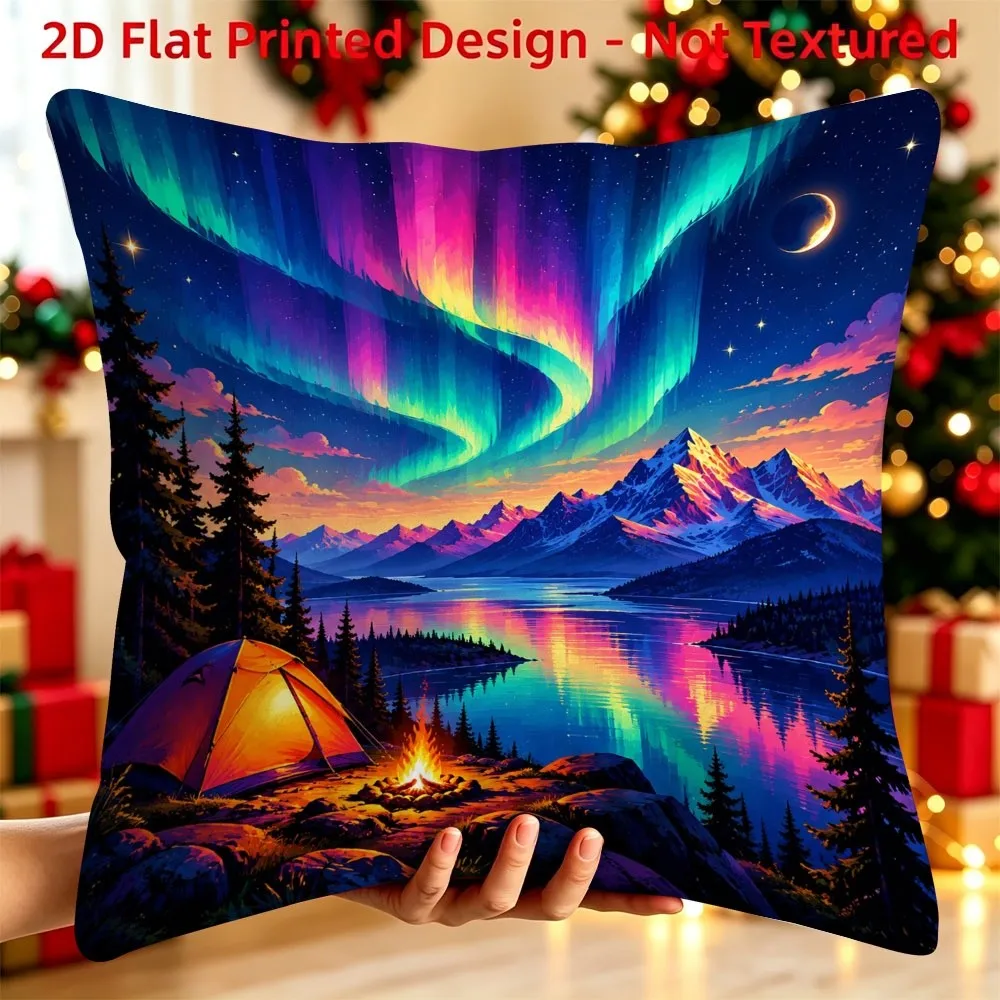 Aurora Borealis Camping Pillowcase, Northern Lights Landscape Cushion Cover, Starry Night Lake Decor, Outdoor Adventure Gift