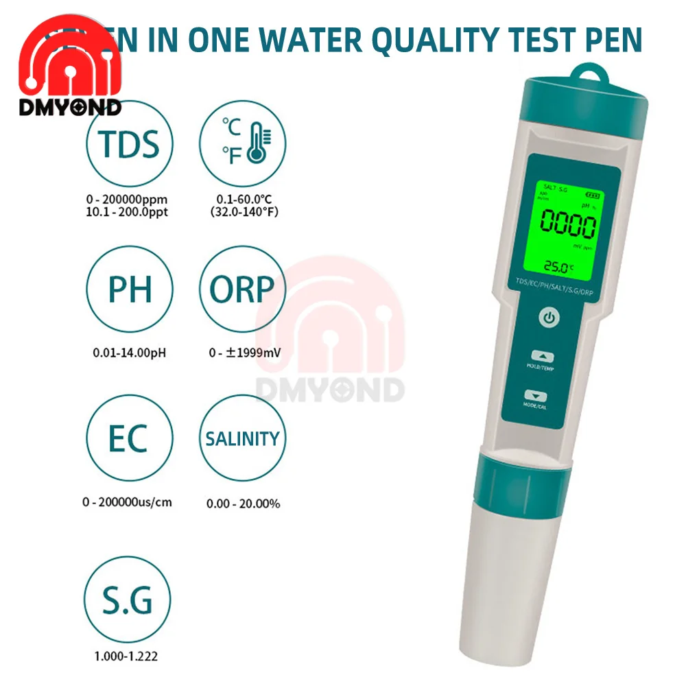 Digital 7 in 1 Water Quality Tester Water Quality Measurement Tool Test Pen PH/TDS/EC/Salinity/ORP/S.G/Temperature Measuring