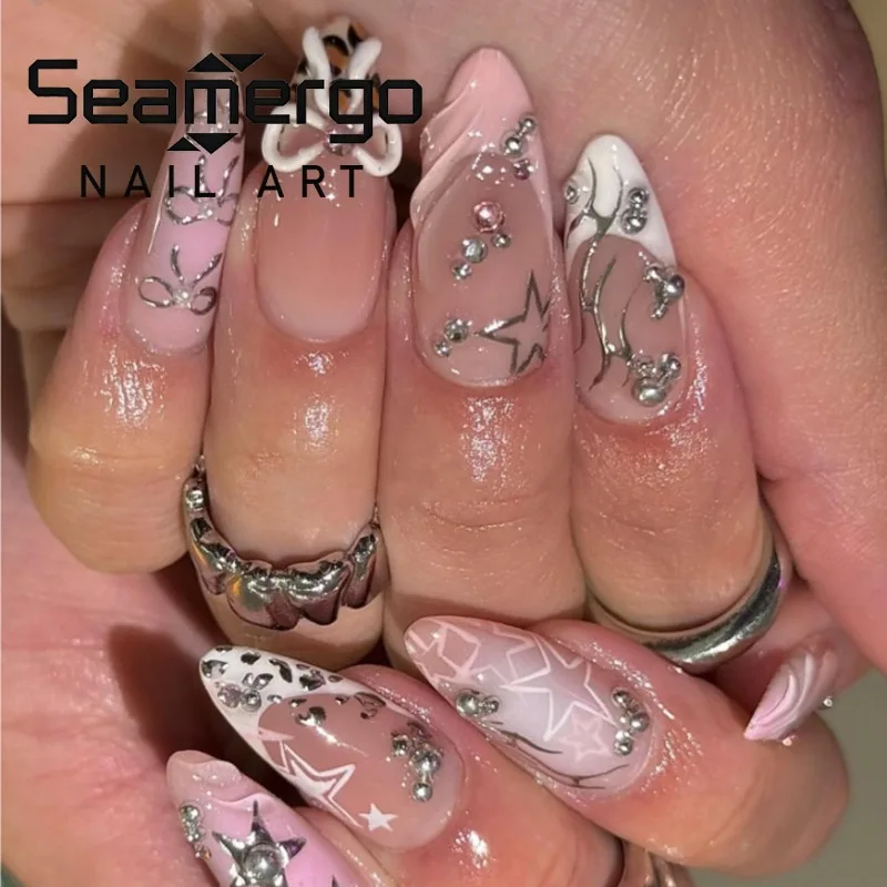 

24PCS Y2k Pink 3D Bowknot French False Nails Sweet Cool Metal Silver Star with Diamonds Almond Fake Nails Luxury Nails Press On