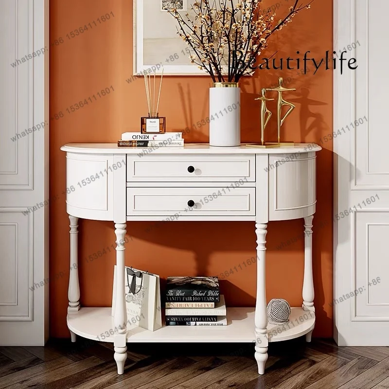 

American porch table full solid wood cabinet European style with drawer entry door white cream wind semicircular living room sid