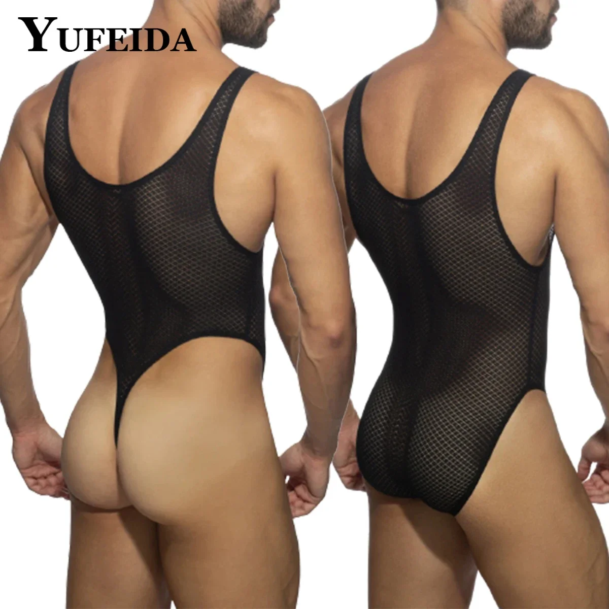 

YUFEIDA Men's Sexy Bodysuits Pajamas Lace Mesh Transparent Sleeveless Tank Tops Romper Teddies Sexy Lace Underwear Men Bodysuit