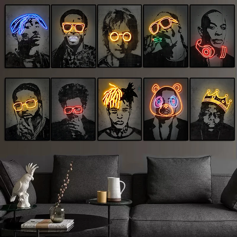 No LED Neon Design Graffiti Art Singer Star Portrait Posters Canvas Painting Hip Hop Music Rapper Legend Wall Picture Home Decor