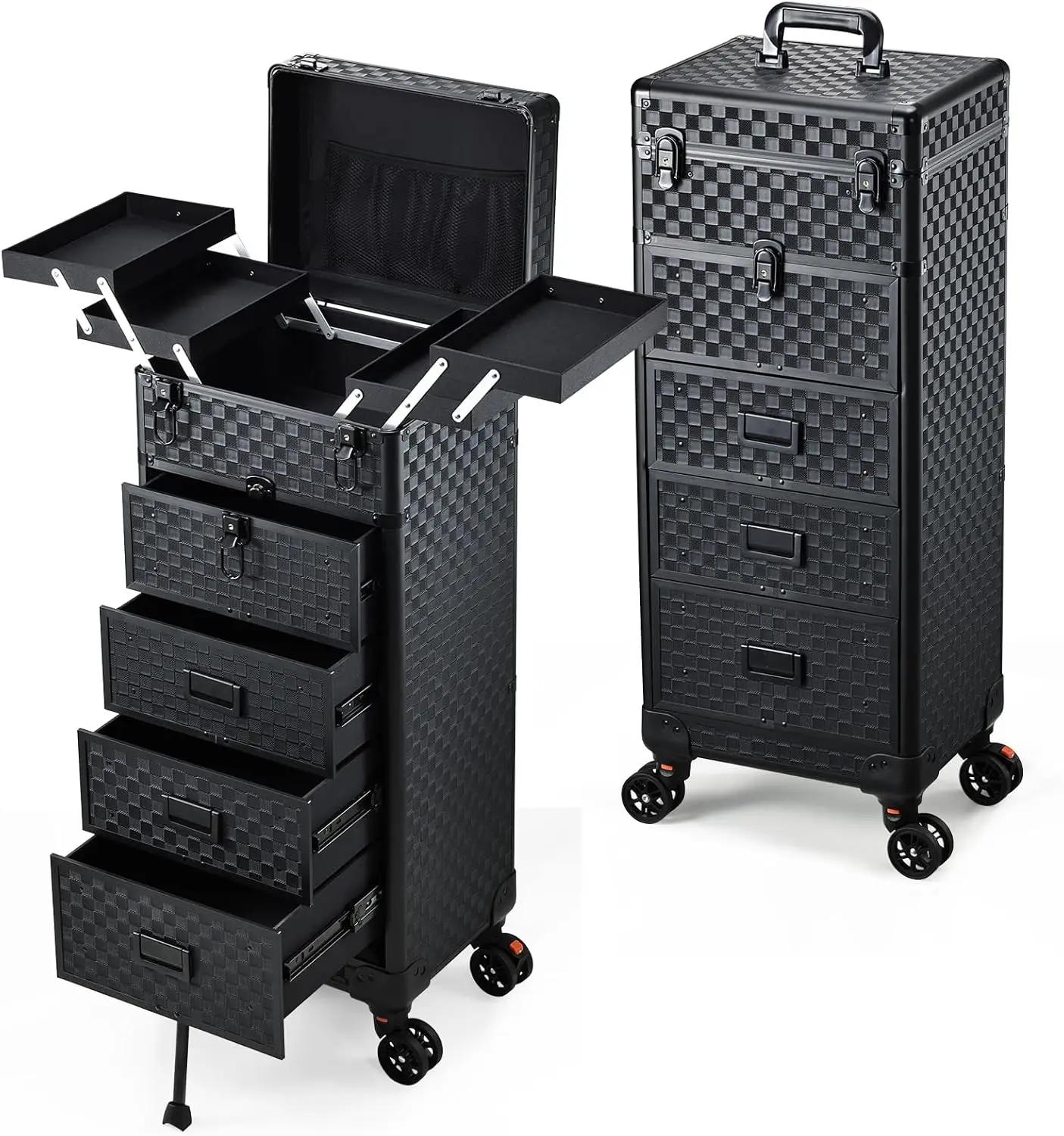 

Rolling Makeup Case with Drawers 5 IN 1 Cosmetology Case on Wheels 4 Drawers Spring-Release Foot Stand for Artist Salon Nail