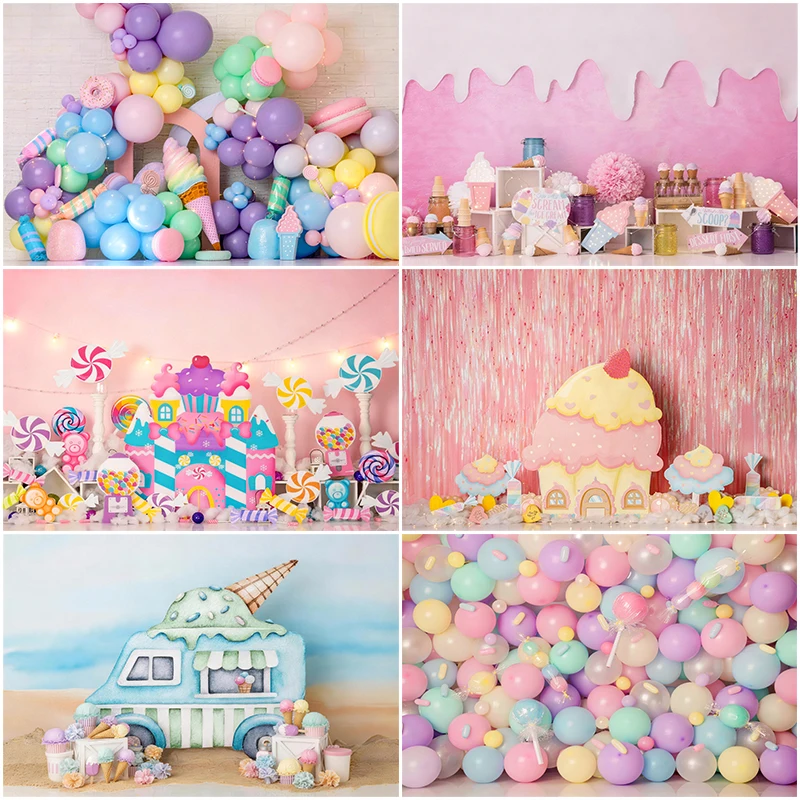 

LS Ice Cream WIth Colorful Balloons Backdrops Kids Baby 1st Birthday Cake Smash Props Summer Dount Stores Cart Backgrounds