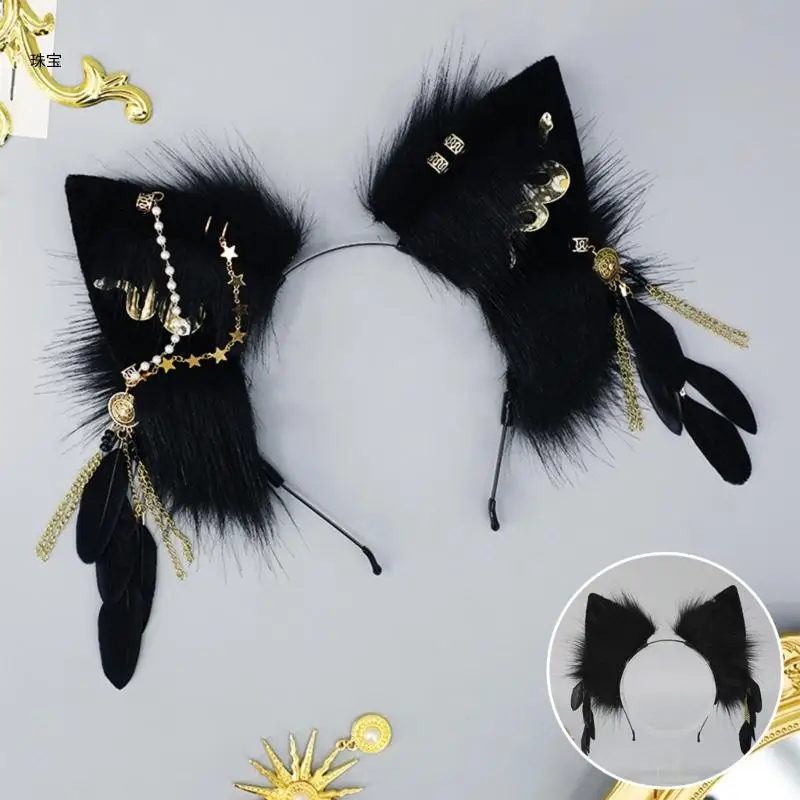 X5QE Wolf Ear Headpiece Plush Headband Black Hair Accessory Feathers Tassel