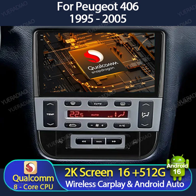 Android 16 Autoradio für Peugeot 406 1995 - 2005 Qualcomm Multimedia-Videoplayer 2DIN GPS NAVI Head Unit BT 4G LTE 5G WIFI QLED