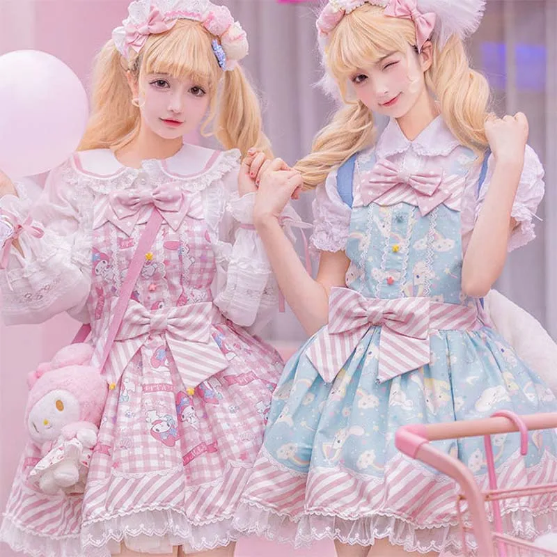 Japanese Sweet Kawaii Cartoon Meow Lolita Jsk Sleeveless Dress Rabbit Cute Suspender Dress Lace Princess Tea Party Dresses