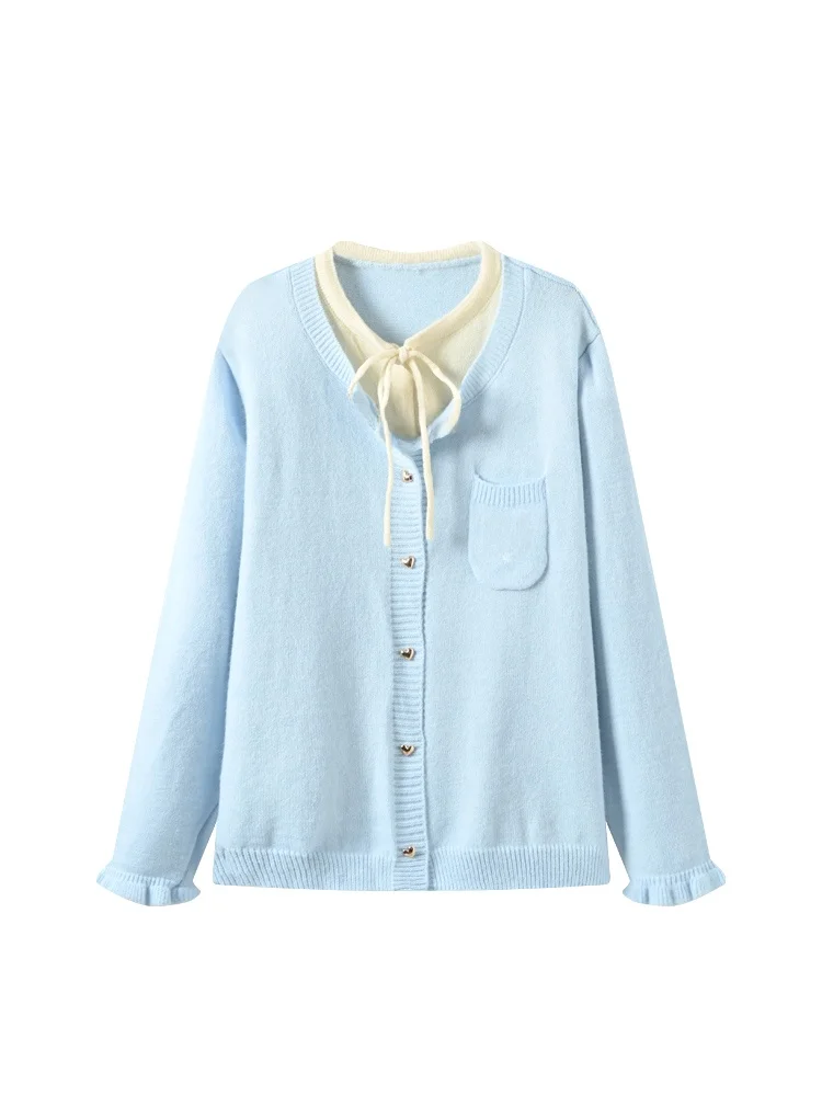 คาร่า คลับเสื้อสเวตเตอร์ถักแขนยาวไซส์ใหญ่สำหรับผู้หญิงทรงหลวม คอกลม ผูกเข็มขัด ดีไซน์สองชิ้นหลอกๆ สไตล์หวานๆ แฟชั่น