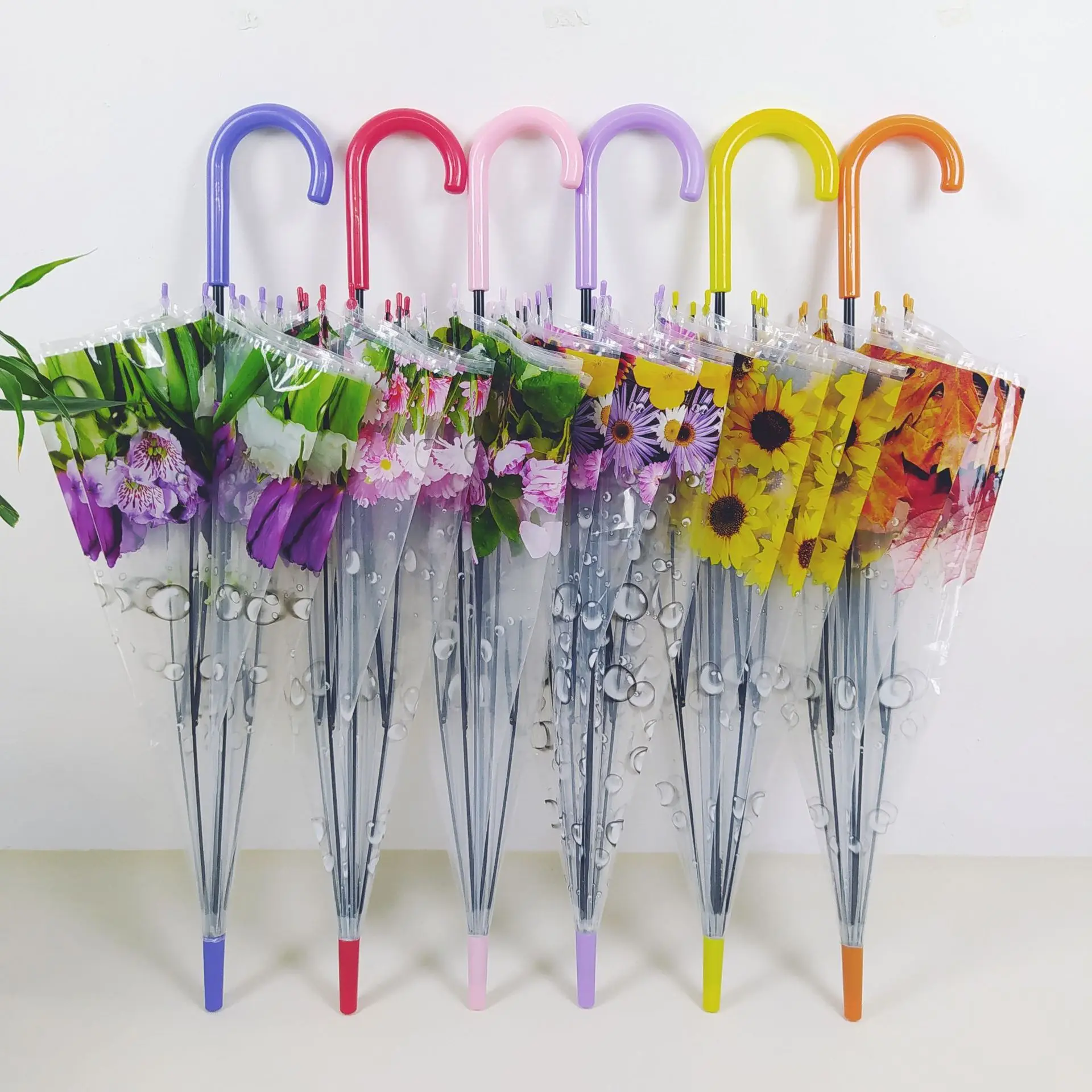 Transparent Rose Leaf Flower Umbrellas for Girls Women Long Handle PVC Mushroom Umbrella