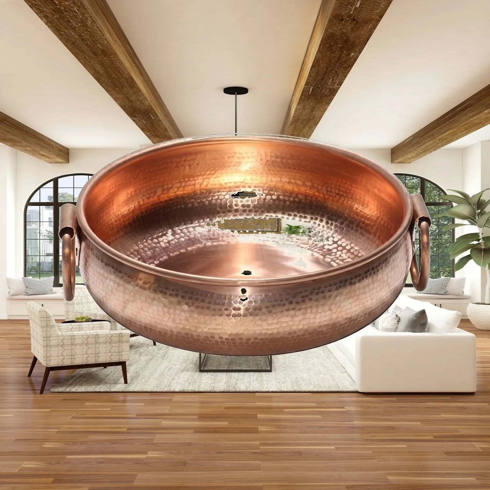 Handmade Style Hammered Copper Pot for Soup and Hot Pot Induction Stove Use Polished Finish with Dual Loop Handles