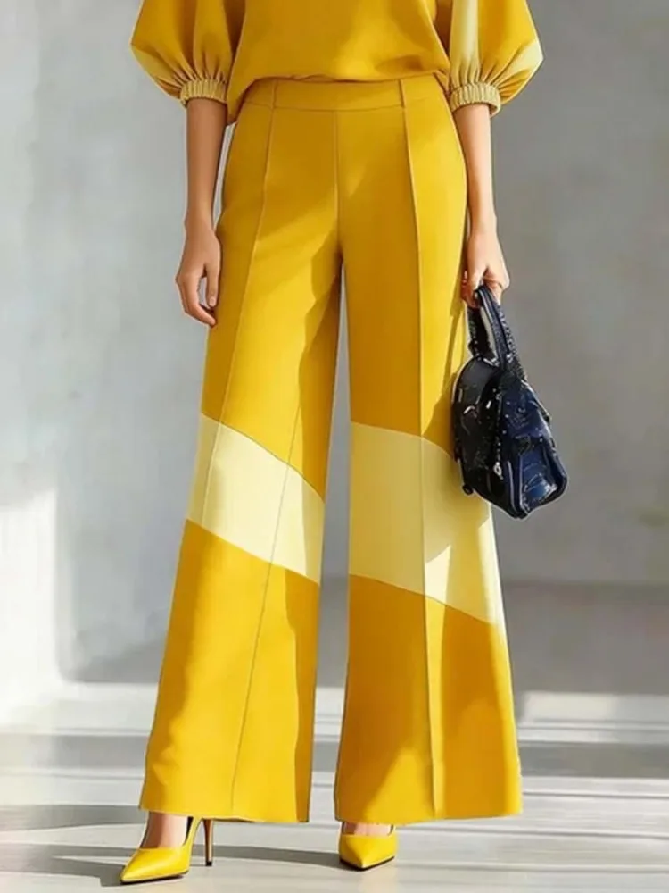 UOOZEE Women's Office Wear High Waist Wide Leg Pants Fashion Contrast Color Pockets Pleated Loose Casual Trousers Bottoms