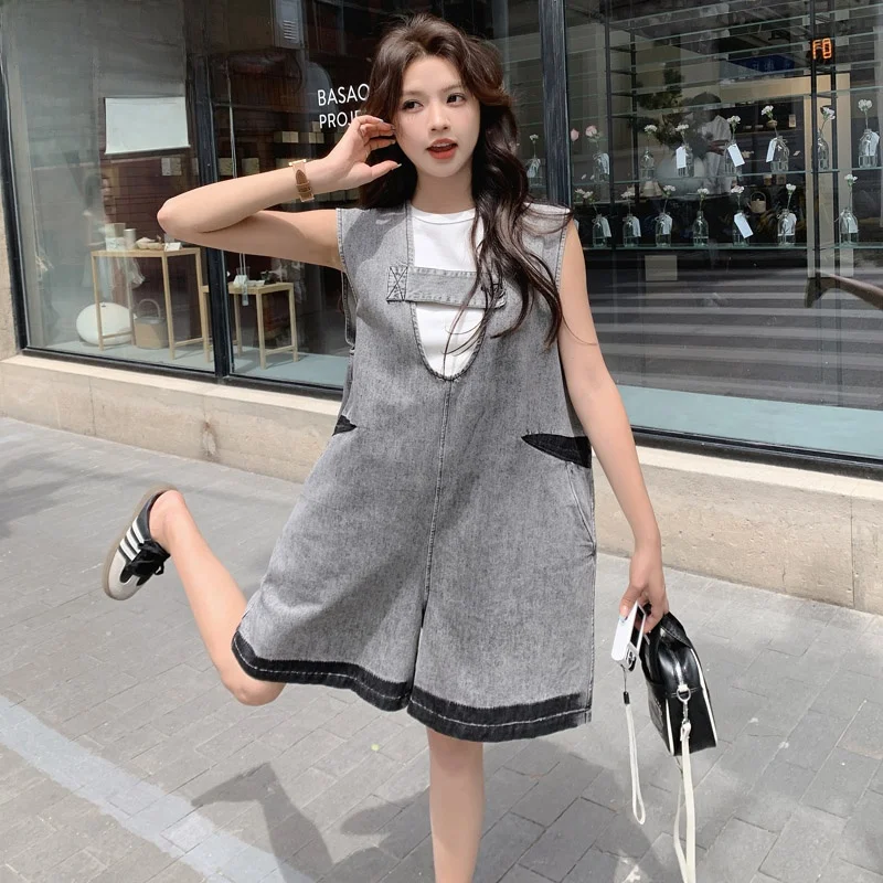 

Retro Denim One-Piece Pants Women's Casual Loose Slimming Wide Leg orts Rer High Waist ort Pants Other Fabric