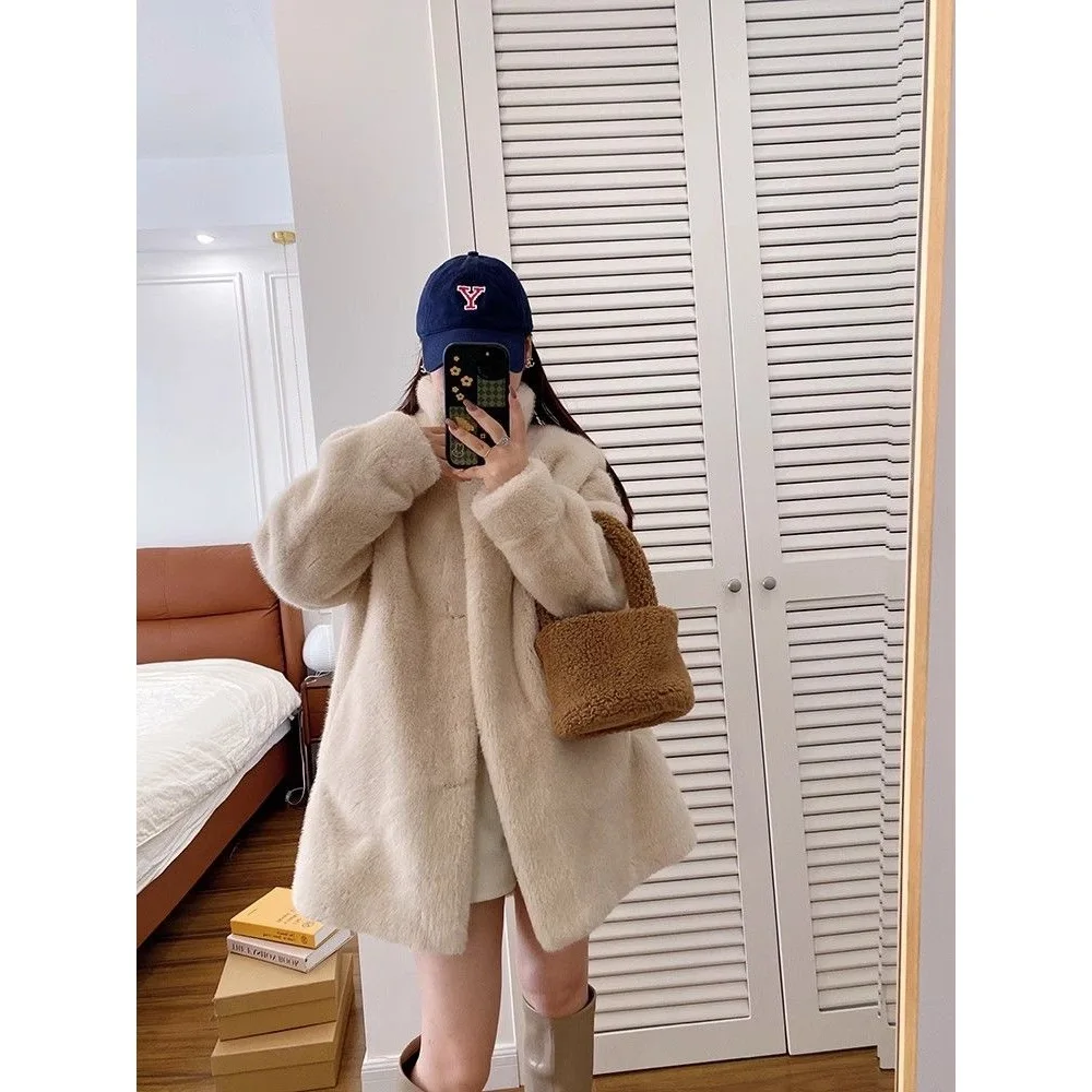 Długi płaszcz ze sztucznego futra damski płaszcze damskie mieszanki dopasowany wieczorowy damski z nadrukiem czysty ręcznie cięty dopasowany krój guziki stójka podszyty