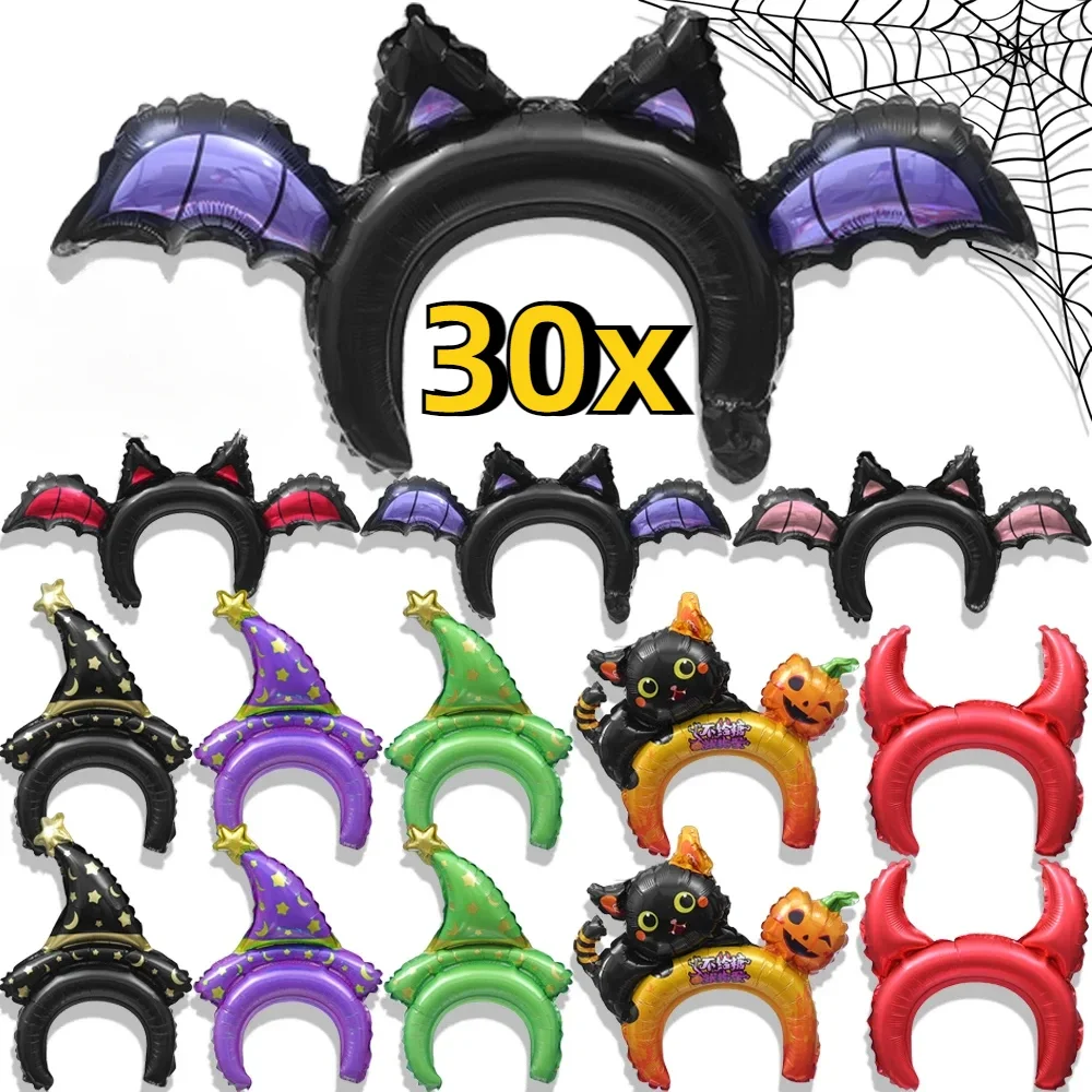 5/30pcs Halloween Balloon Headband Pumpkin Bat Devil Horns Hair Hoop Aluminum Film Inflatable Balloon Halloween Party Decoration