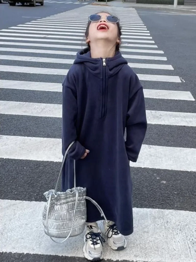 Girls' 2025 AW New Korean-Style Stylish Slouchy Half-Open Casual Hooded Fleece-Lined Sweatshirt Dress Over-Knee for 4-12Y