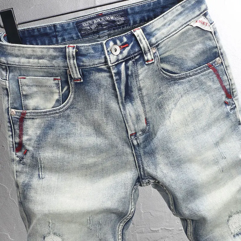 Street Fashion Men Jeans Retro Light Blue Stretch Slim Fit Hole Patched Ripped Jeans Men Embroidery Designer Vintage Denim Pants