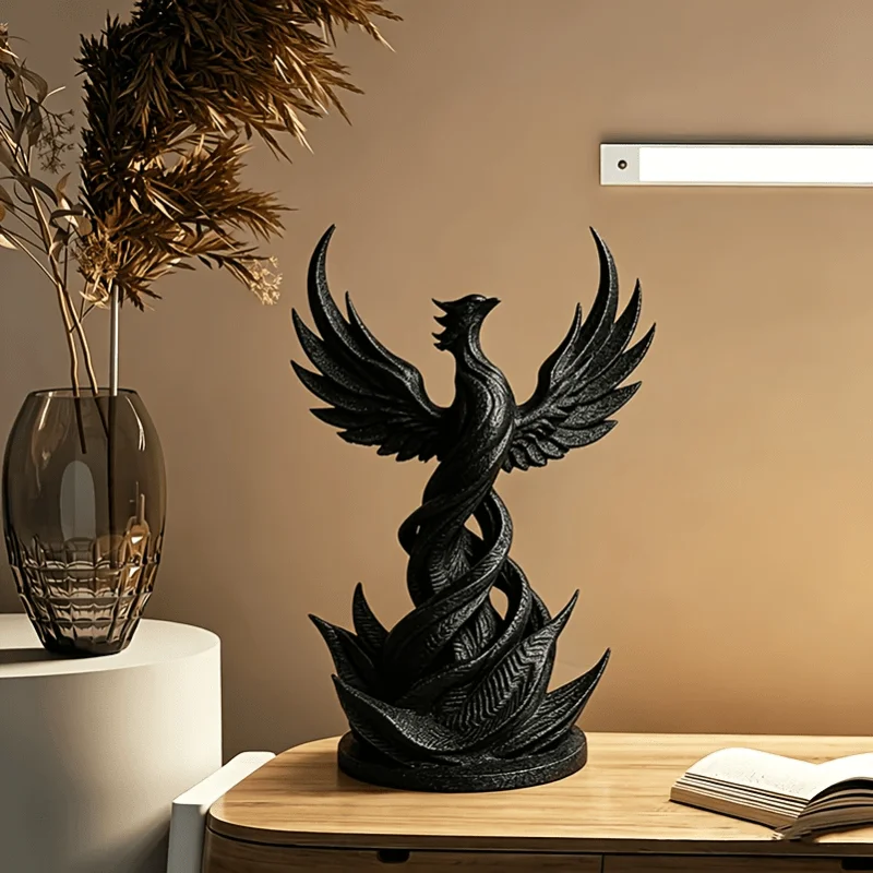 Black Sand Texture Phoenix Statue Resin Sculpture, Spread Wings Phoenix Tabletop Ornament, Modern Home Decor Figurine