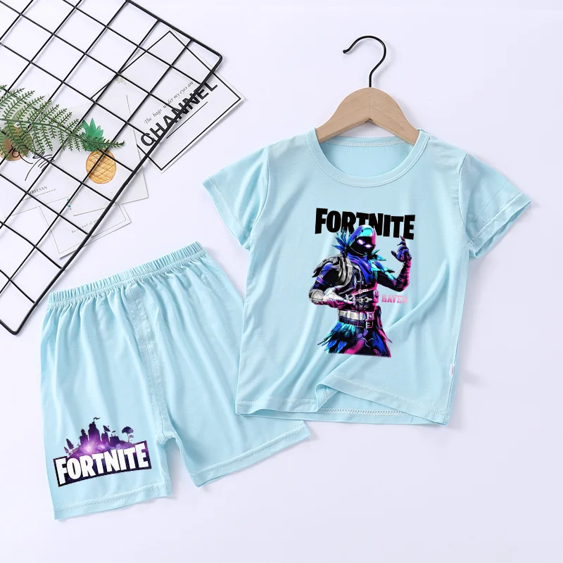 Camiseta Fortnite, 2 uds., conjunto de manga corta de verano para niños, pantalones cortos con estampado de personajes de juego, ropa de verano para niños y niñas