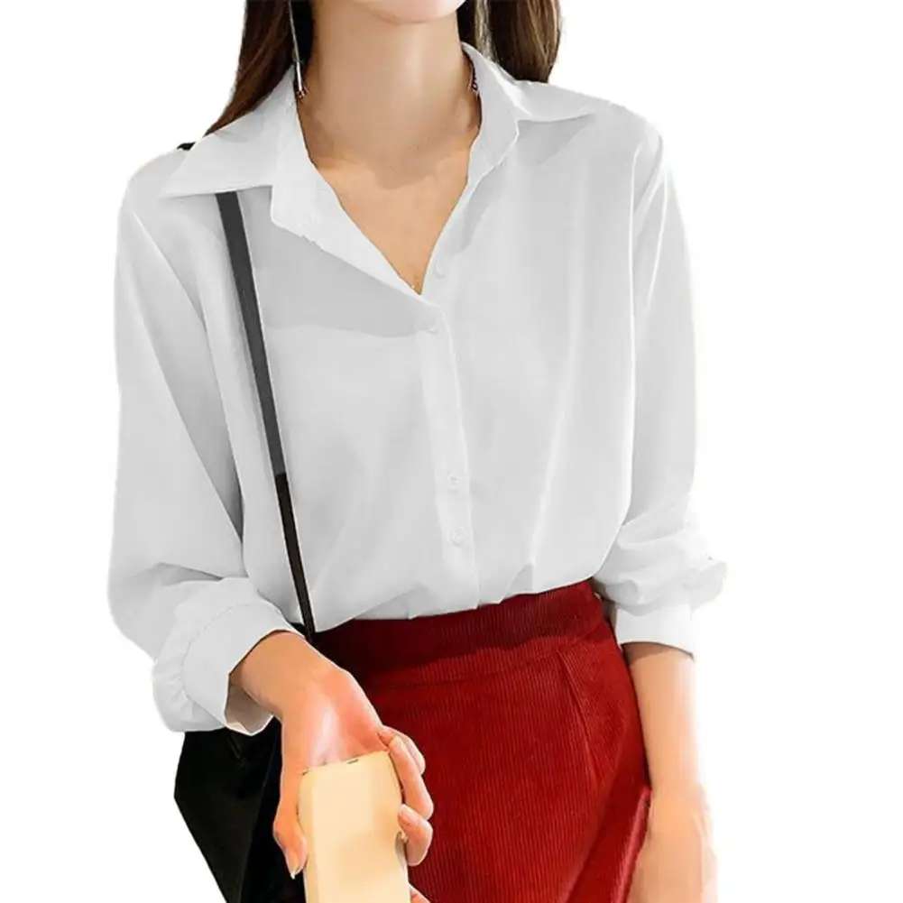 

Women Long-sleeve Shirt Plus Size Long Sleeve Cardigan Soft Casual Women's Shirt with Turn-down Collar for Ol Commute Bottom