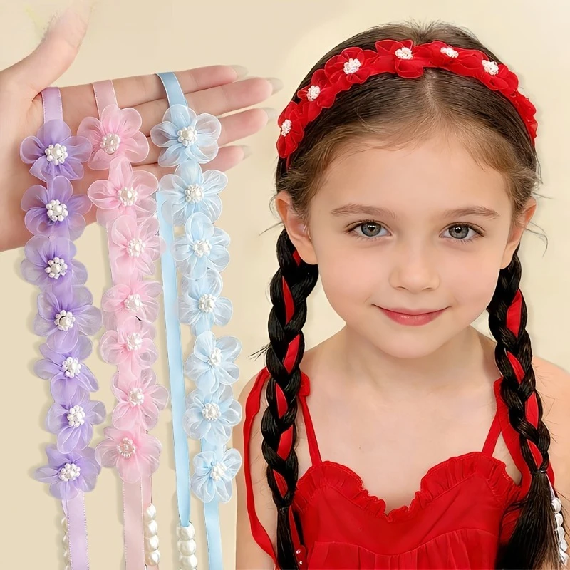 1 Stück Organza-Blumen-Haarband mit langem Band, modisches böhmisches Blumen-Haargummi, geflochtenes Haarband, geeignet für tägliche Partys – Detail 1