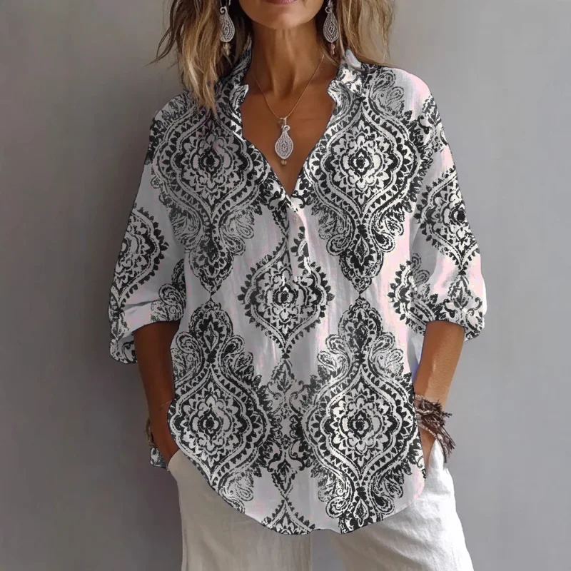 2025 nueva camisa informal con estampado Digital Regular y cuello levantado de tubo de puerta de manga larga para mujer