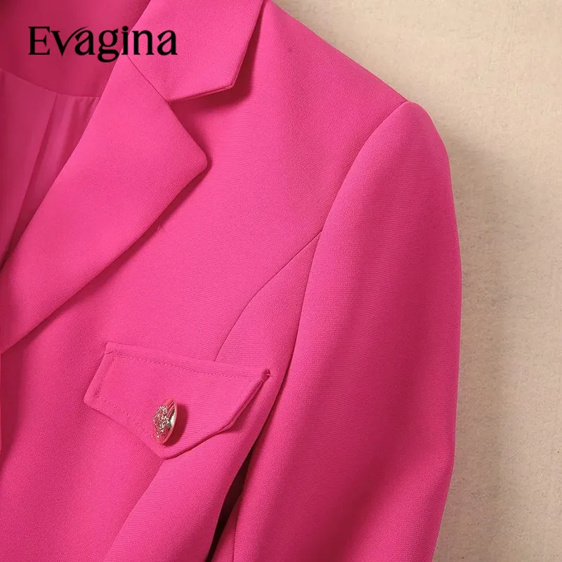 Evagina Nieuwe Mode Catwalk Designer Dames Revers Kraag Lange Mouwen Frenulum Up Colbert Tops + Heup Wikkelrok 2 Stuks Set