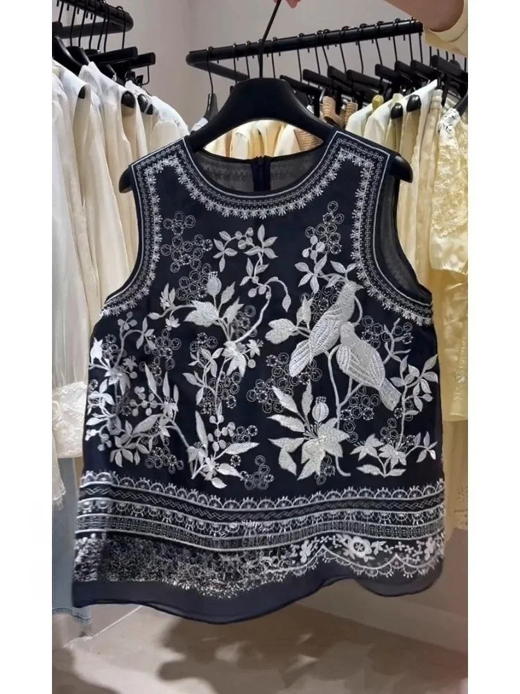 

Новый китайский топ из органзы с тяжелой вышивкой, женский летний топ с высокой модой, круглый жилет с цветочным узором, свободный крой