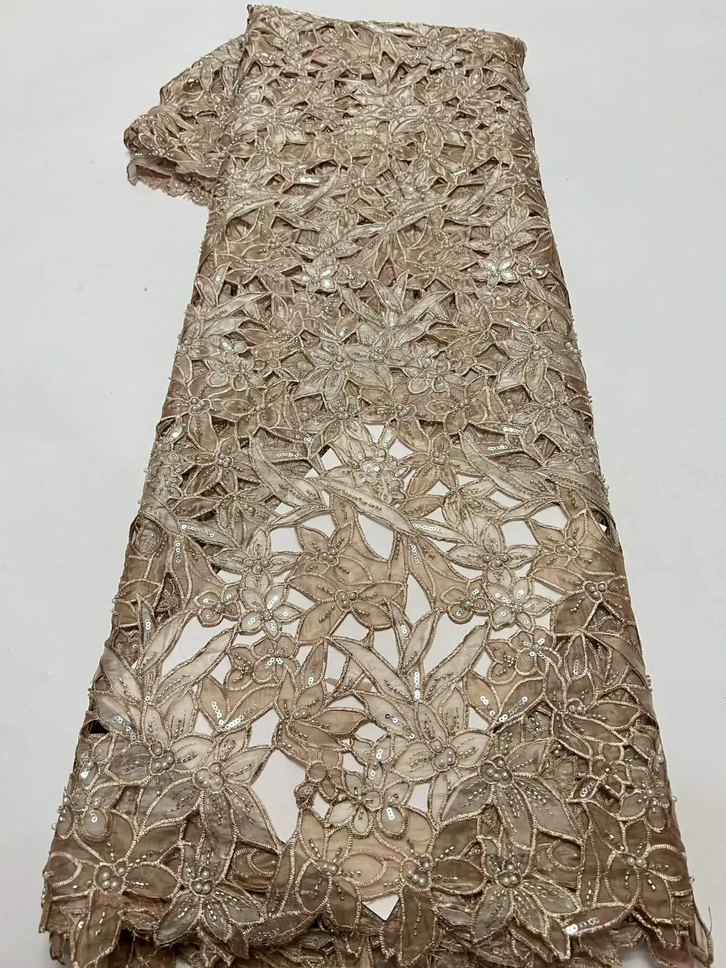 Chiffon Fabric Cotton Tulle Fabric with Beaded African & French Lace 5 Yards Suitable for Wedding Dresses Design