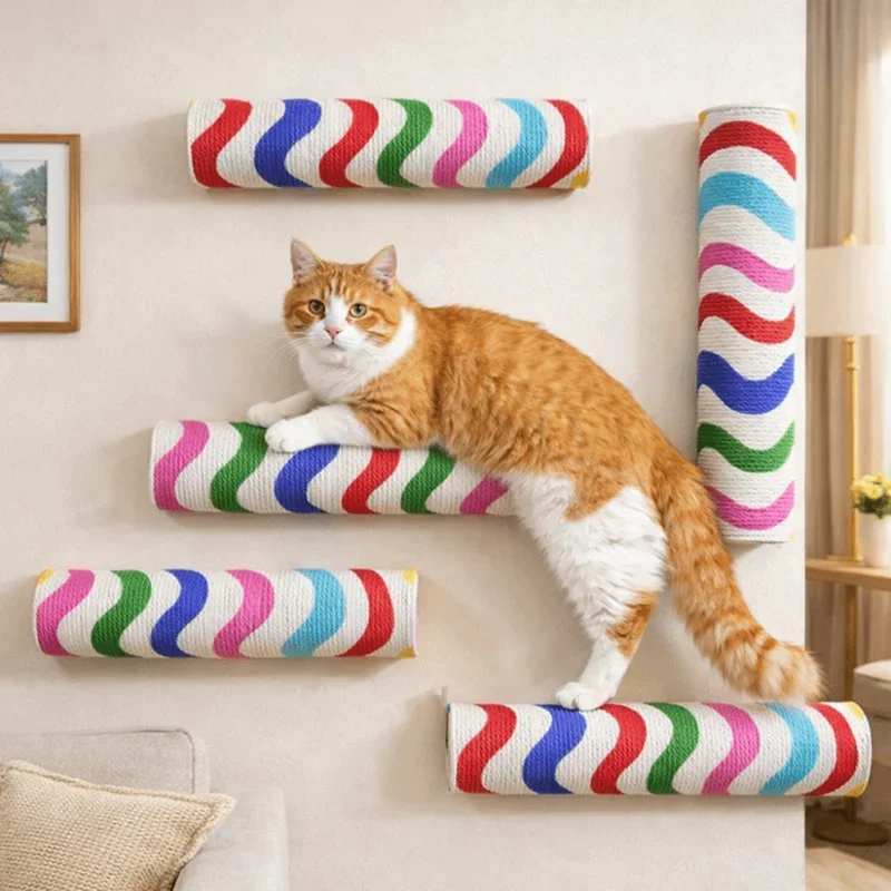 Arranhador Adesivo para Gatos, Resistente ao Desgaste, Economia de Espaço, Placa de Arranhar para Gatos Montada na Parede, Cilindro, Móvel para Animais de Estimação
