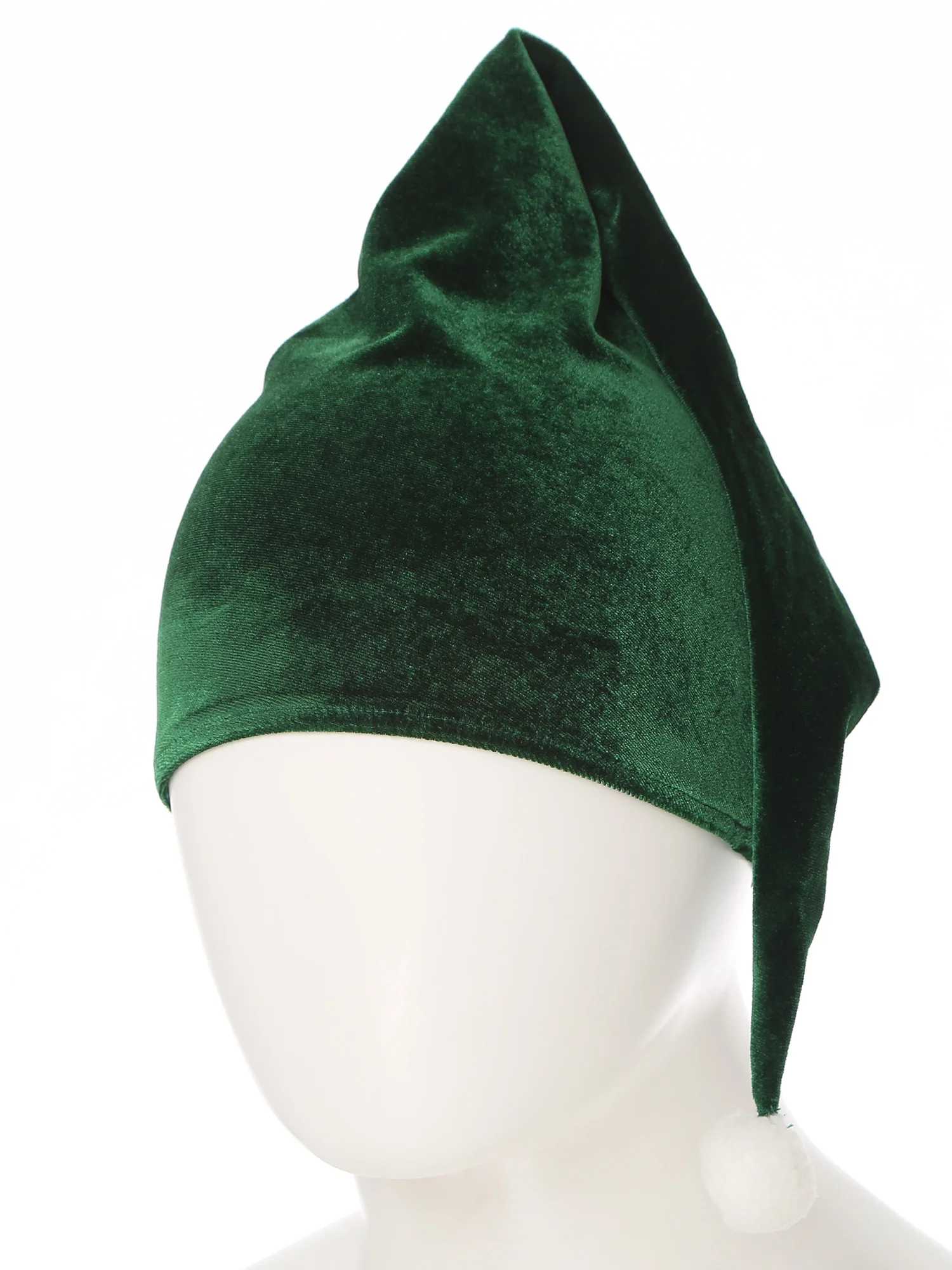 Women Christmas Fairy Elf Hat Headwear Green Velvet Hat White Pompom Long Hat for Xmas Party Dress Up Costumes Accessory