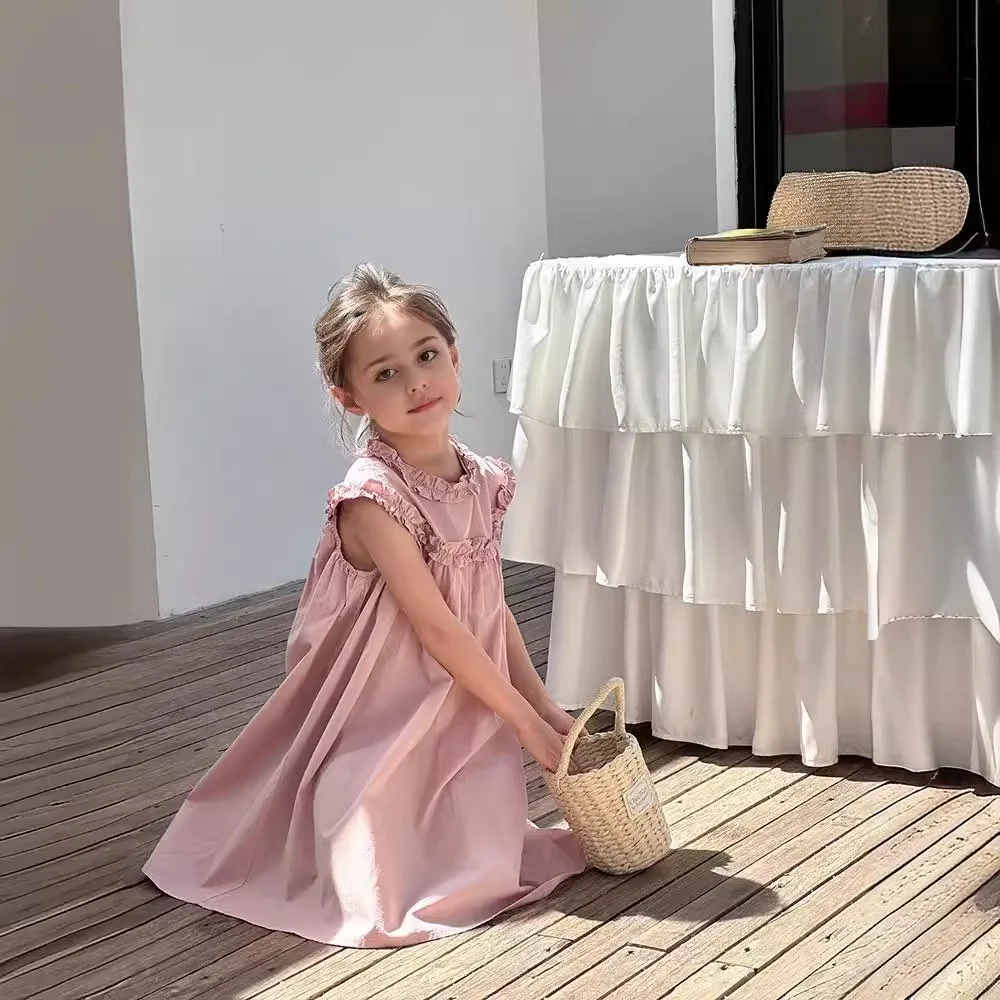 

Girl Skirt Princess Sweet Temperament Lace Sundress New Kids Sleeveless Dress Summer 2024 New Korean Simple Style Clothes