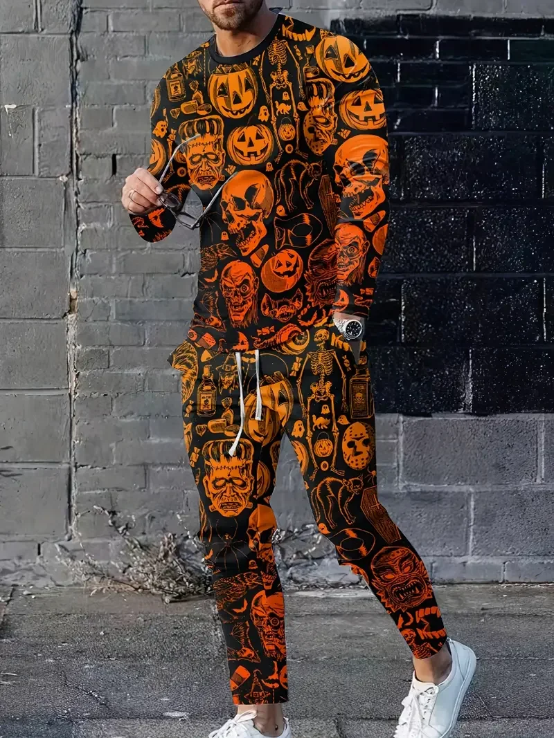 Halloween Men\'s Sweatshirt 2 Neutral 3D Printed Horror Pumpkin Head Print Crew-neck Sweatshirt And Pants Stylish Party Suit